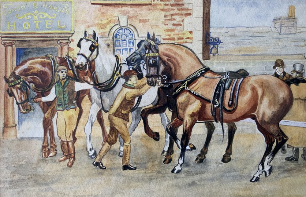 An panoramic Edwardian watercolour painting depicting horses and a coach outside the Coach and Horses Hotel, presented in a wooden frame. View VI
