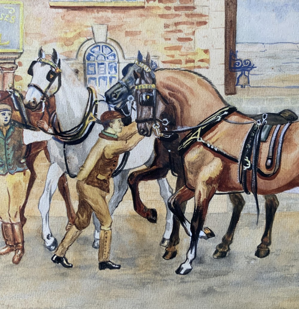 An panoramic Edwardian watercolour painting depicting horses and a coach outside the Coach and Horses Hotel, presented in a wooden frame. View VII