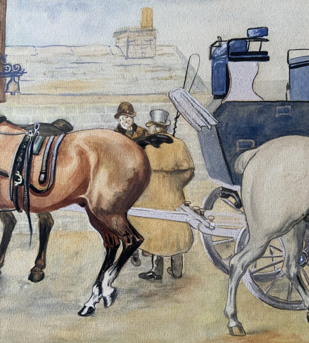 An panoramic Edwardian watercolour painting depicting horses and a coach outside the Coach and Horses Hotel, presented in a wooden frame. View VIII