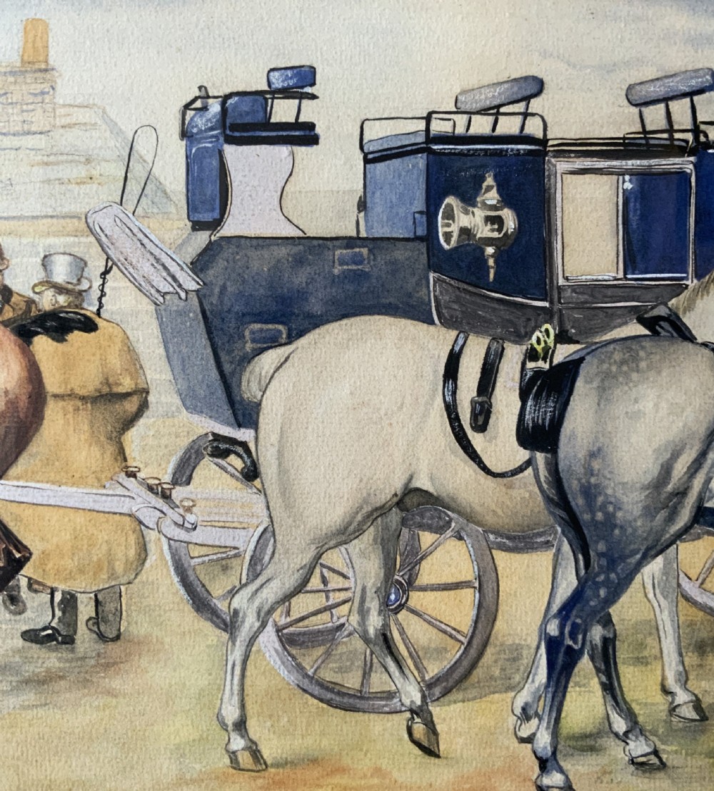 An panoramic Edwardian watercolour painting depicting horses and a coach outside the Coach and Horses Hotel, presented in a wooden frame. View IX