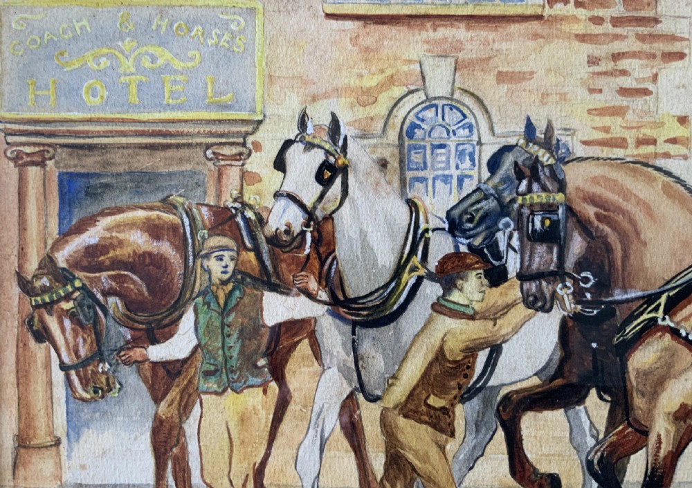 An panoramic Edwardian watercolour painting depicting horses and a coach outside the Coach and Horses Hotel, presented in a wooden frame. View X