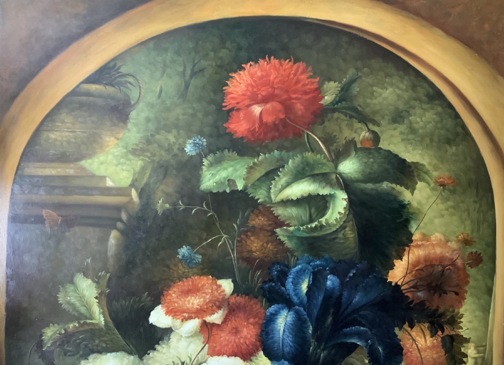 A monumental oil painting depicting a detailed floral arrangement in a stone classical urn set within an architectural stone arch. View III