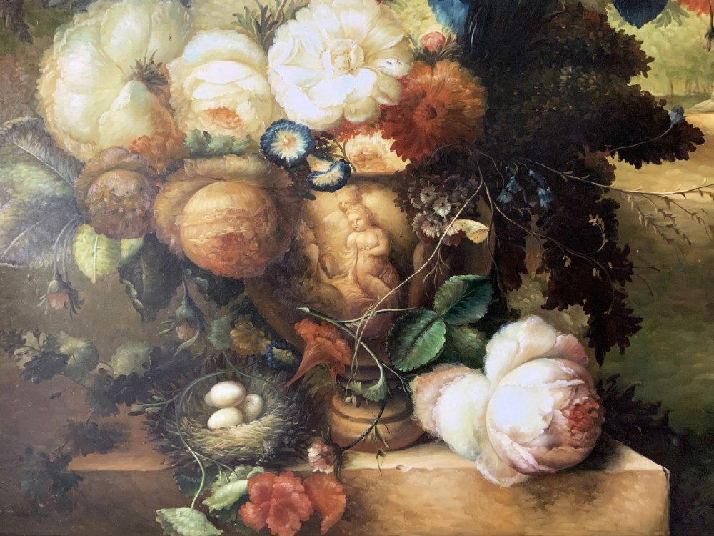 A monumental oil painting depicting a detailed floral arrangement in a stone classical urn set within an architectural stone arch. View VIII