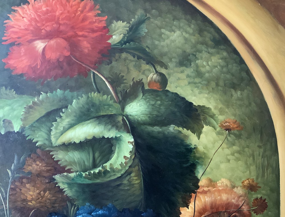 A monumental oil painting depicting a detailed floral arrangement in a stone classical urn set within an architectural stone arch. View IX