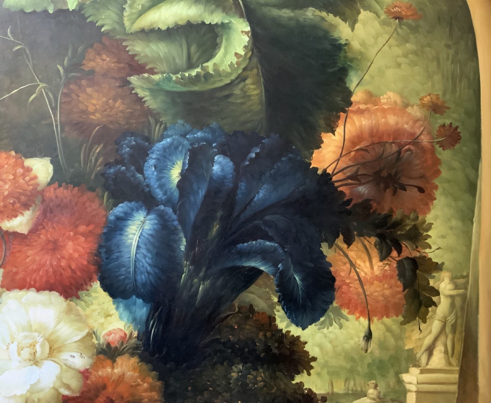 A monumental oil painting depicting a detailed floral arrangement in a stone classical urn set within an architectural stone arch. View X