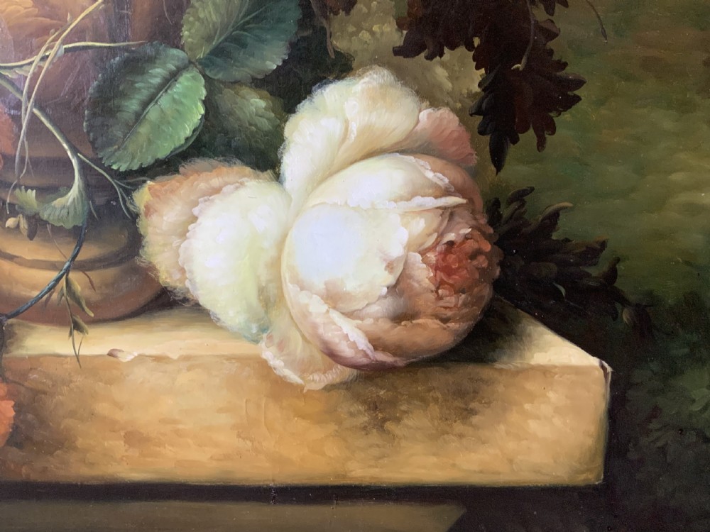 A monumental oil painting depicting a detailed floral arrangement in a stone classical urn set within an architectural stone arch. View XI