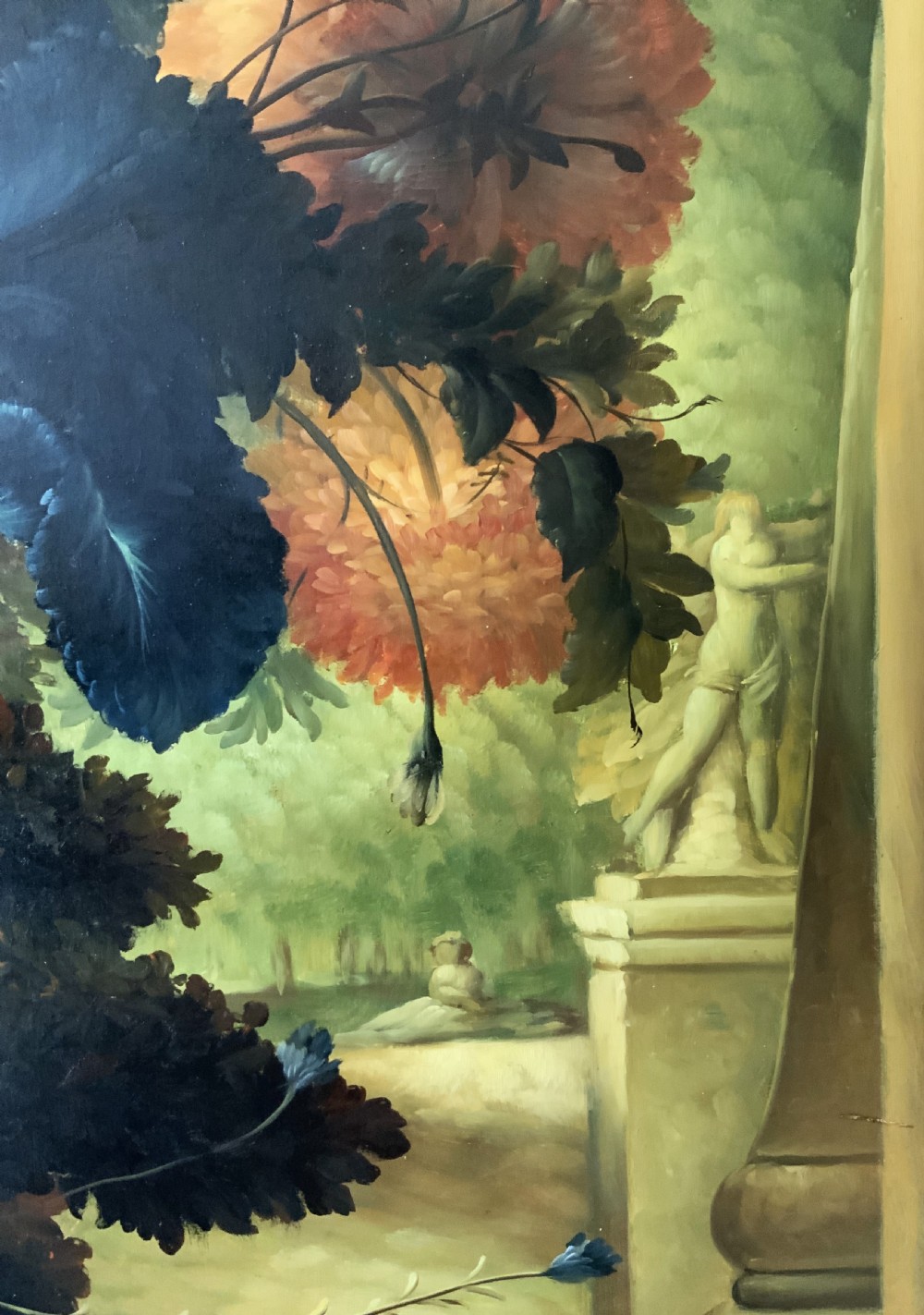 A monumental oil painting depicting a detailed floral arrangement in a stone classical urn set within an architectural stone arch. View XIII