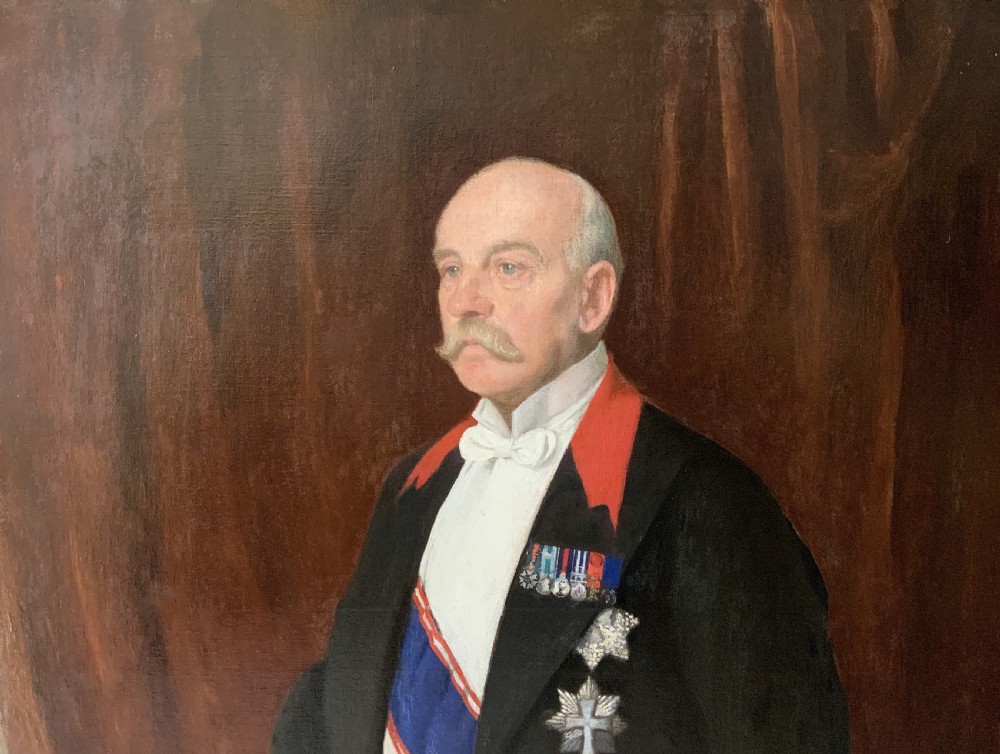 An antique oil painting depicting a military officer in formal dress uniform with medals, housed inside an ornate gilded wooden frame. View IV