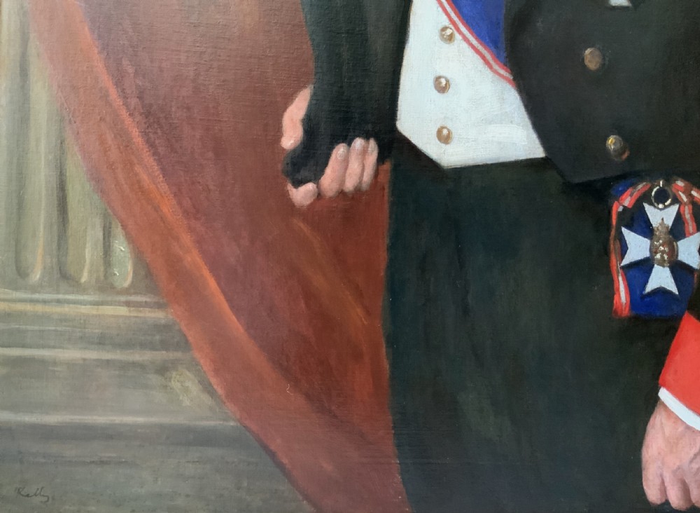 An antique oil painting depicting a military officer in formal dress uniform with medals, housed inside an ornate gilded wooden frame. View X