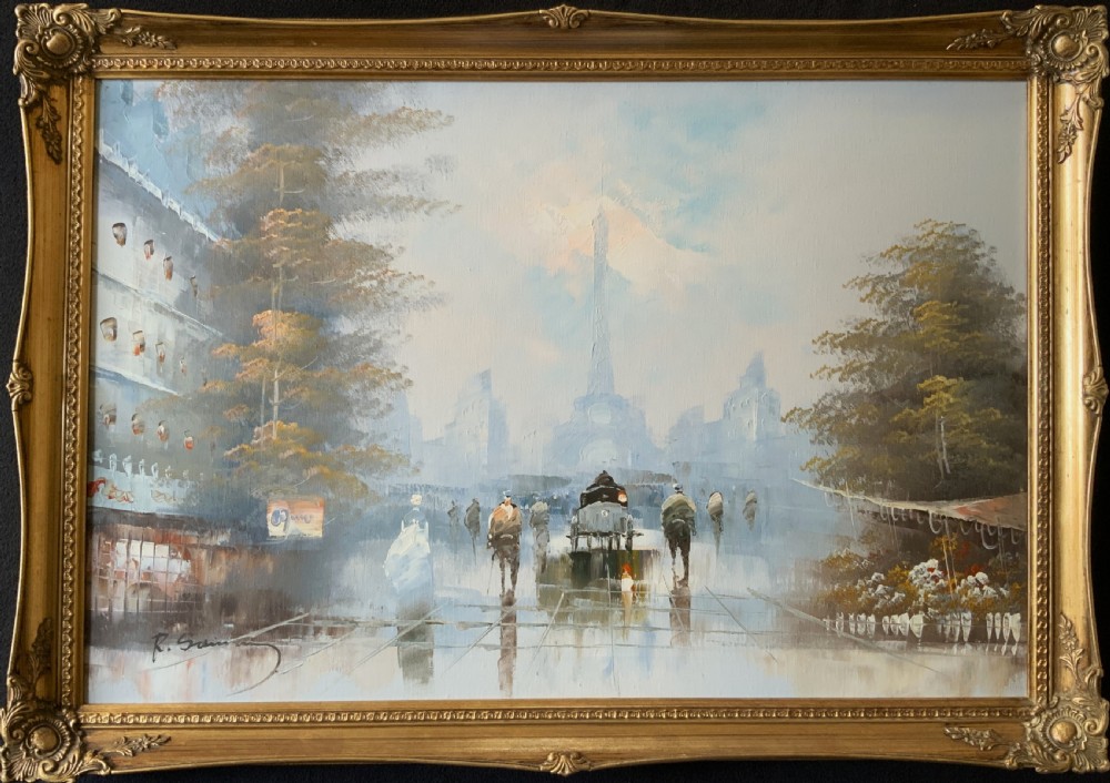 An impressionist oil painting depicting a hazy Parisian street scene with the Eiffel Tower in the background, set within an ornate gilded frame.