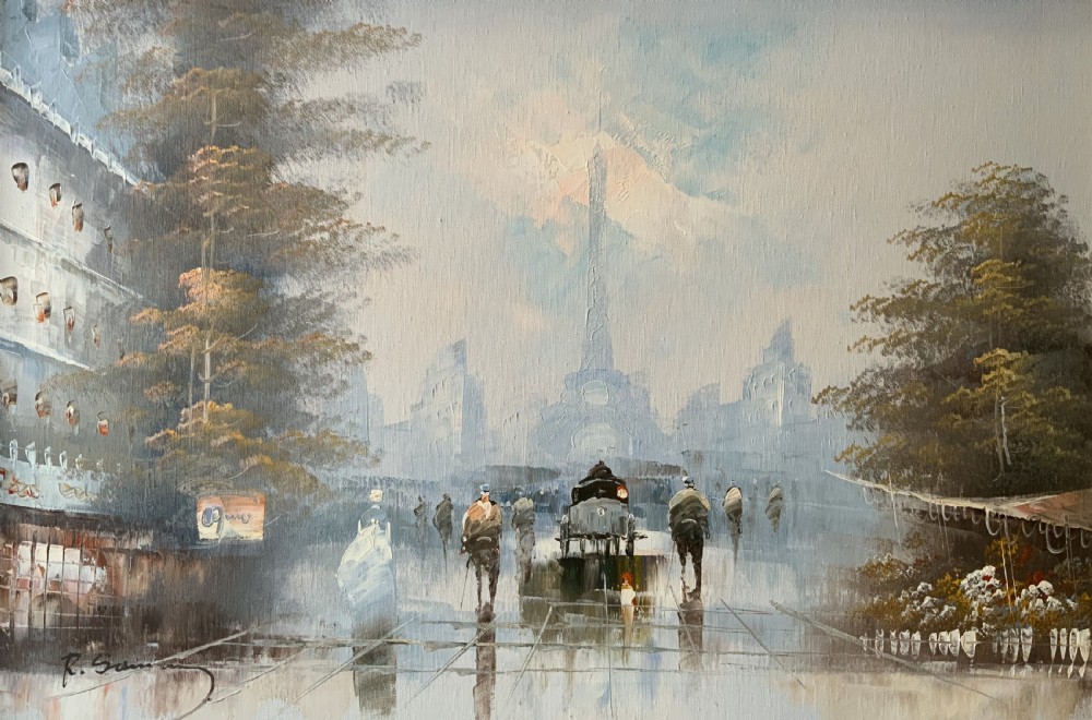 An impressionist oil painting depicting a hazy Parisian street scene with the Eiffel Tower in the background, set within an ornate gilded frame. View II