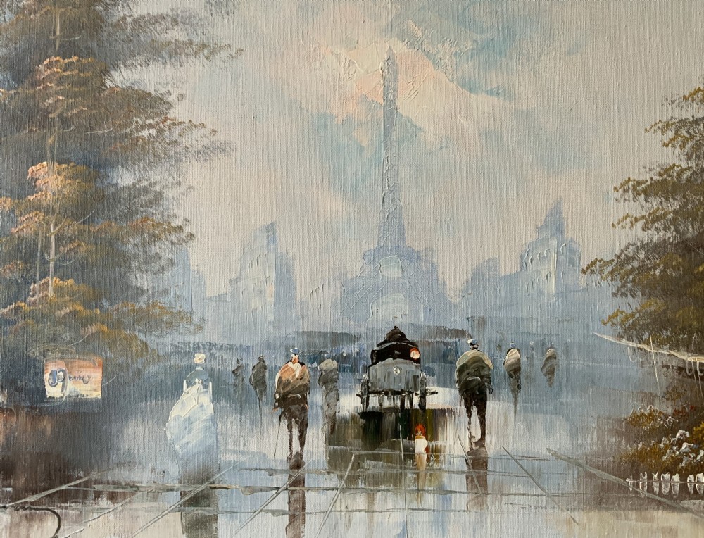 An impressionist oil painting depicting a hazy Parisian street scene with the Eiffel Tower in the background, set within an ornate gilded frame. View IV