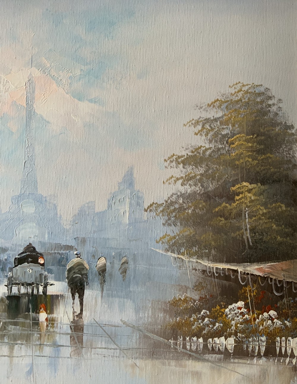 An impressionist oil painting depicting a hazy Parisian street scene with the Eiffel Tower in the background, set within an ornate gilded frame. View V