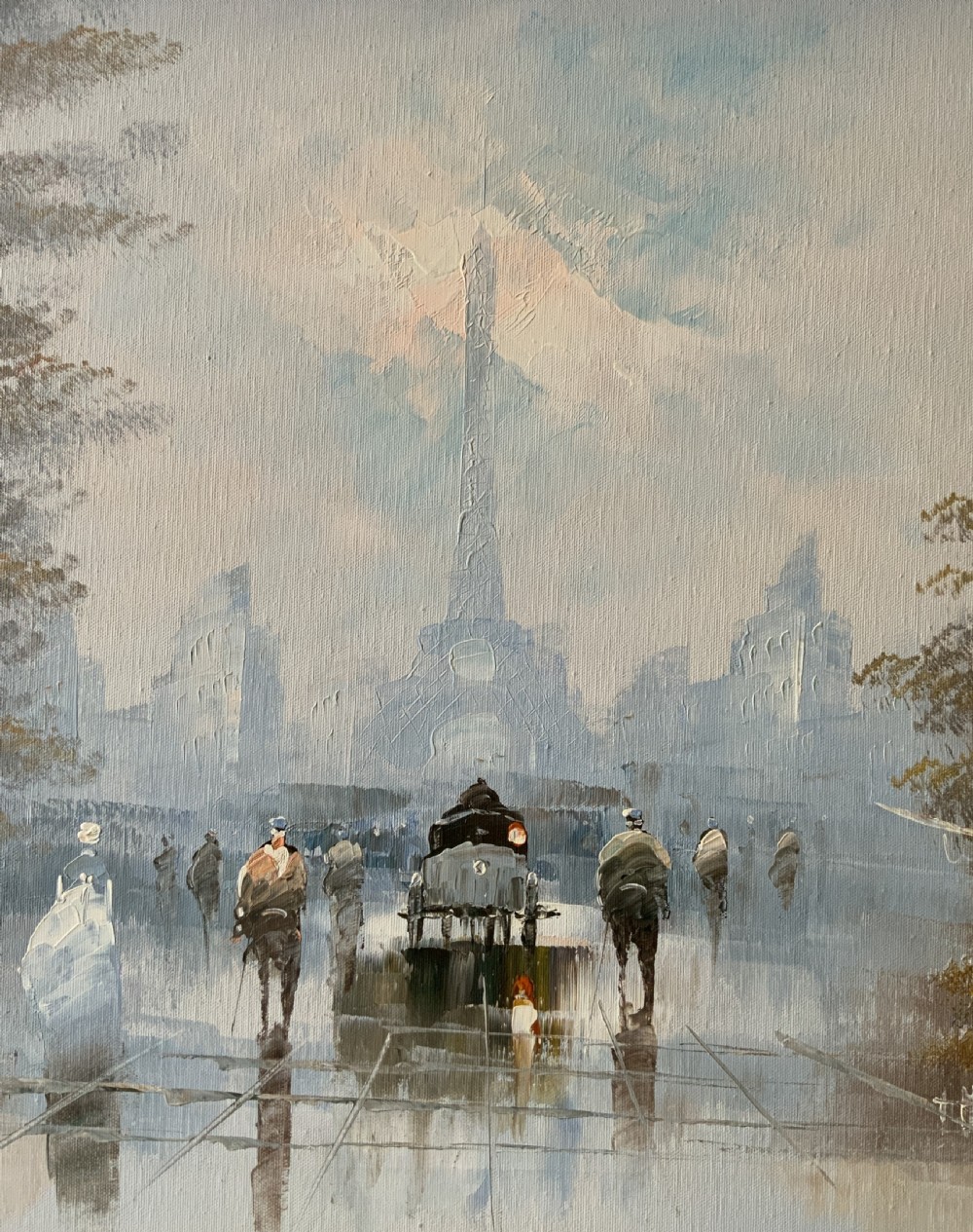 An impressionist oil painting depicting a hazy Parisian street scene with the Eiffel Tower in the background, set within an ornate gilded frame. View VI