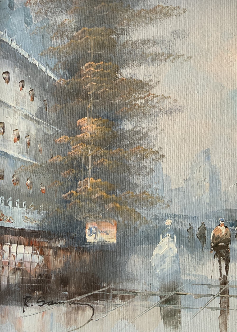 An impressionist oil painting depicting a hazy Parisian street scene with the Eiffel Tower in the background, set within an ornate gilded frame. View VII