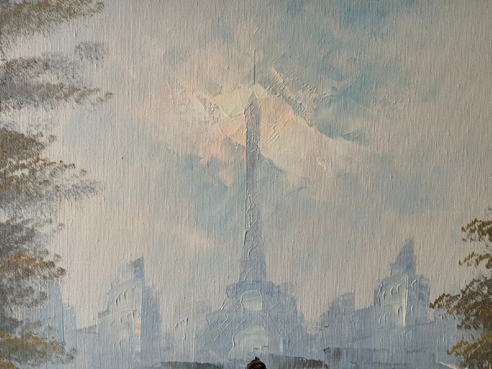 An impressionist oil painting depicting a hazy Parisian street scene with the Eiffel Tower in the background, set within an ornate gilded frame. View VIII