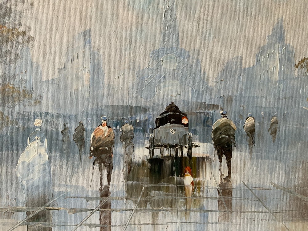 An impressionist oil painting depicting a hazy Parisian street scene with the Eiffel Tower in the background, set within an ornate gilded frame. View IX