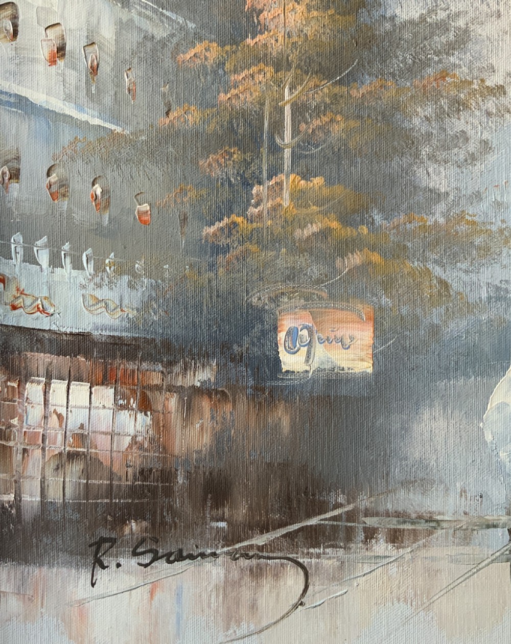 An impressionist oil painting depicting a hazy Parisian street scene with the Eiffel Tower in the background, set within an ornate gilded frame. View X