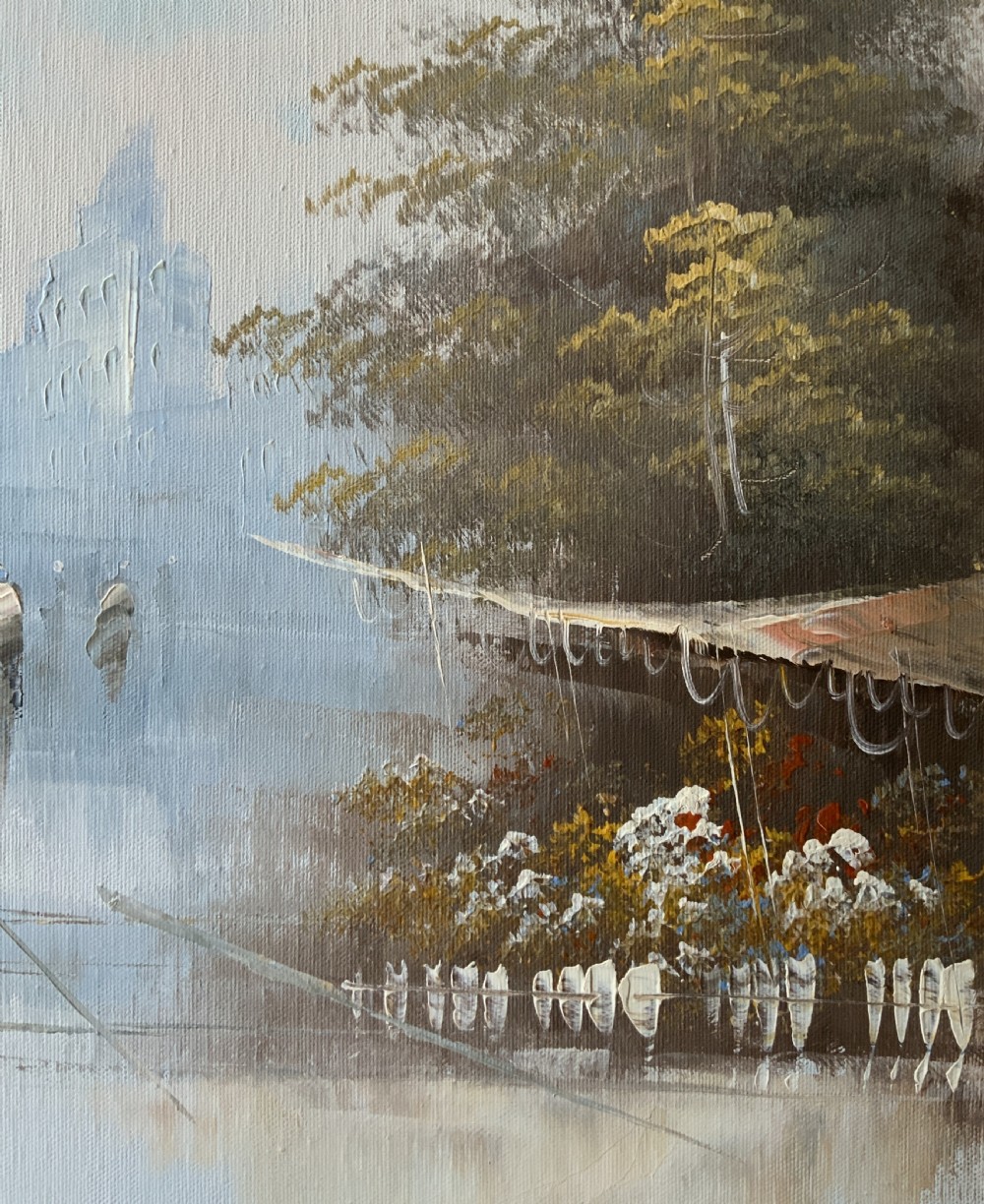 An impressionist oil painting depicting a hazy Parisian street scene with the Eiffel Tower in the background, set within an ornate gilded frame. View XI