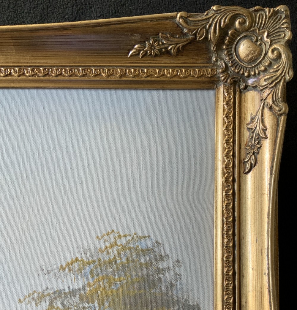 An impressionist oil painting depicting a hazy Parisian street scene with the Eiffel Tower in the background, set within an ornate gilded frame. View XII