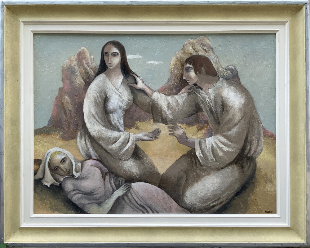 A framed mid-century oil painting depicting three stylised figures in a muted rocky landscape with heavy impasto texture.