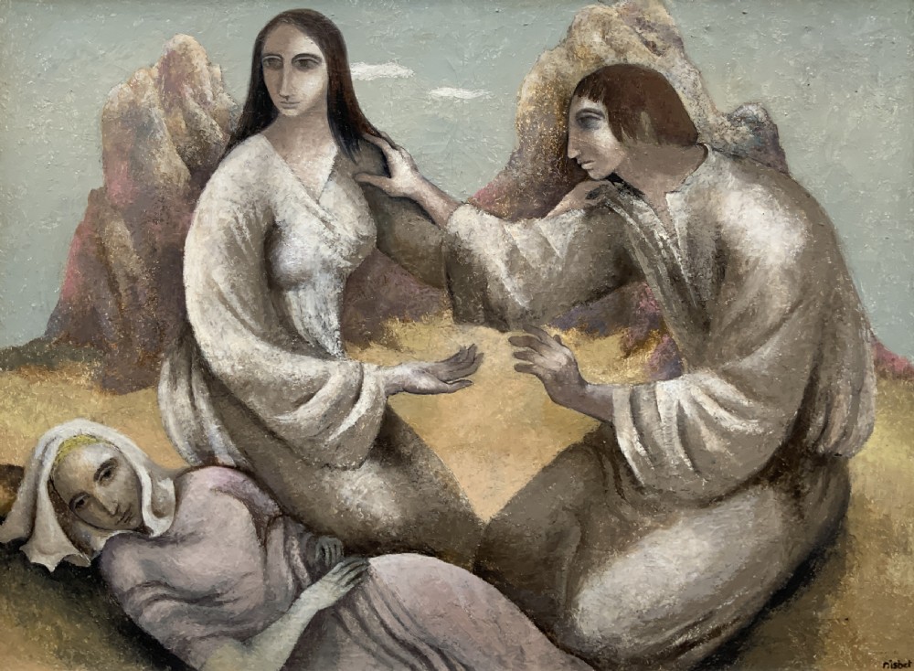 A framed mid-century oil painting depicting three stylised figures in a muted rocky landscape with heavy impasto texture. View II
