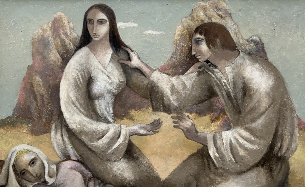 A framed mid-century oil painting depicting three stylised figures in a muted rocky landscape with heavy impasto texture. View IV