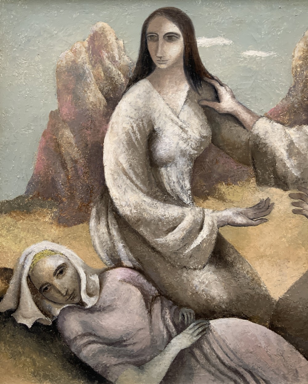 A framed mid-century oil painting depicting three stylised figures in a muted rocky landscape with heavy impasto texture. View V