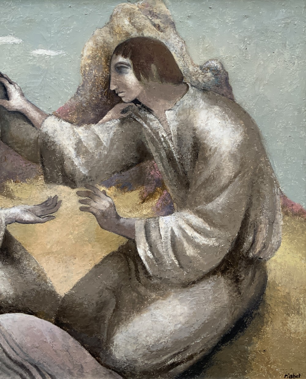 A framed mid-century oil painting depicting three stylised figures in a muted rocky landscape with heavy impasto texture. View VI
