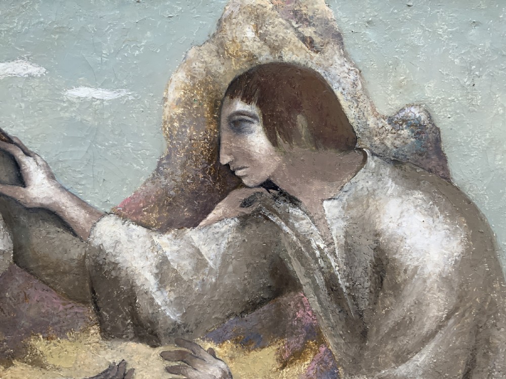 A framed mid-century oil painting depicting three stylised figures in a muted rocky landscape with heavy impasto texture. View VII