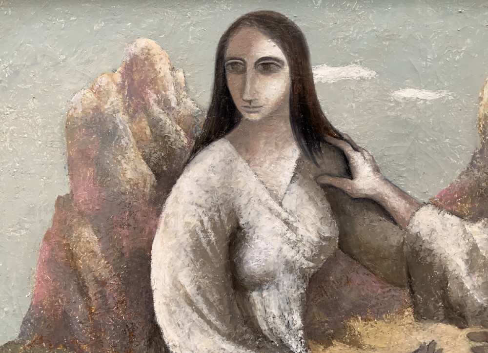 A framed mid-century oil painting depicting three stylised figures in a muted rocky landscape with heavy impasto texture. View VIII
