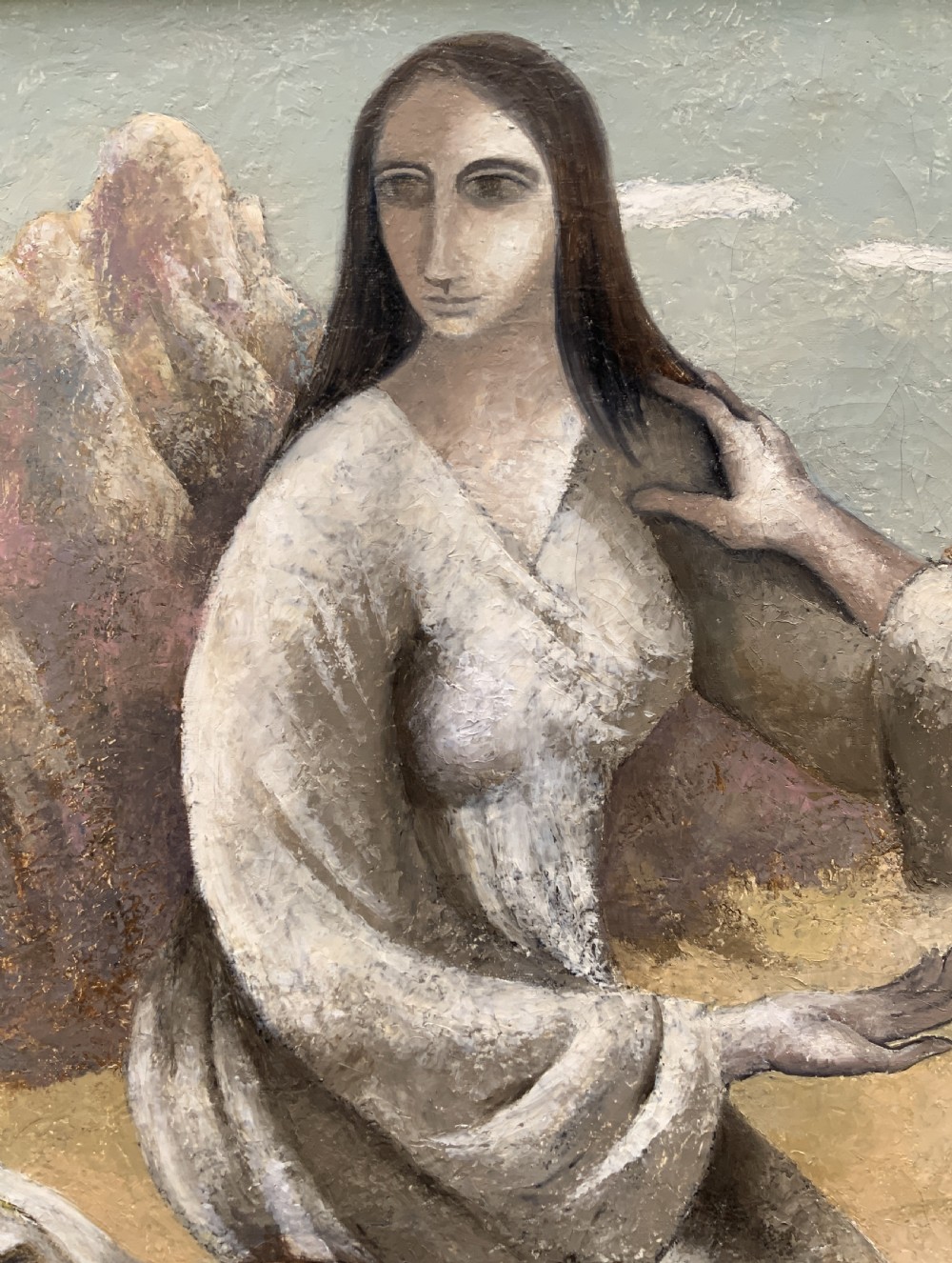 A framed mid-century oil painting depicting three stylised figures in a muted rocky landscape with heavy impasto texture. View IX