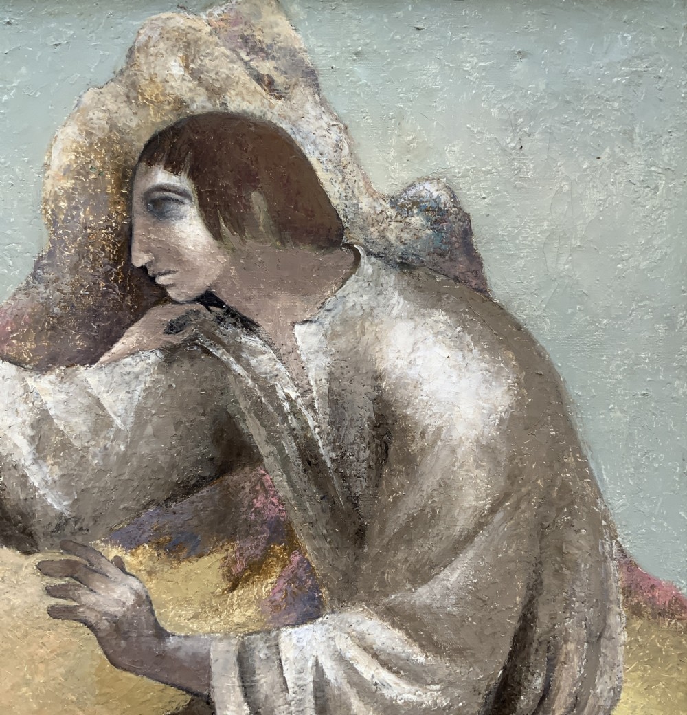 A framed mid-century oil painting depicting three stylised figures in a muted rocky landscape with heavy impasto texture. View XI