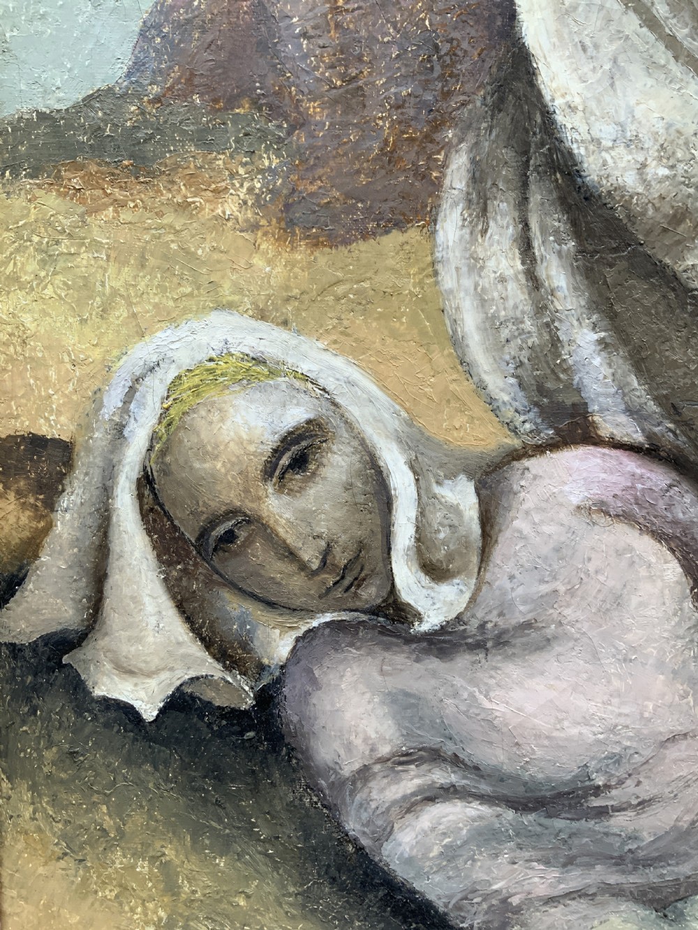 A framed mid-century oil painting depicting three stylised figures in a muted rocky landscape with heavy impasto texture. View XII