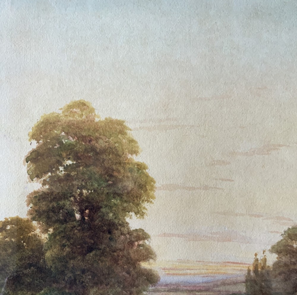 A framed watercolour painting depicting a tranquil river landscape in Buckinghamshire with trees and birds, set inside a gold mount and beaded gilt frame. View VI