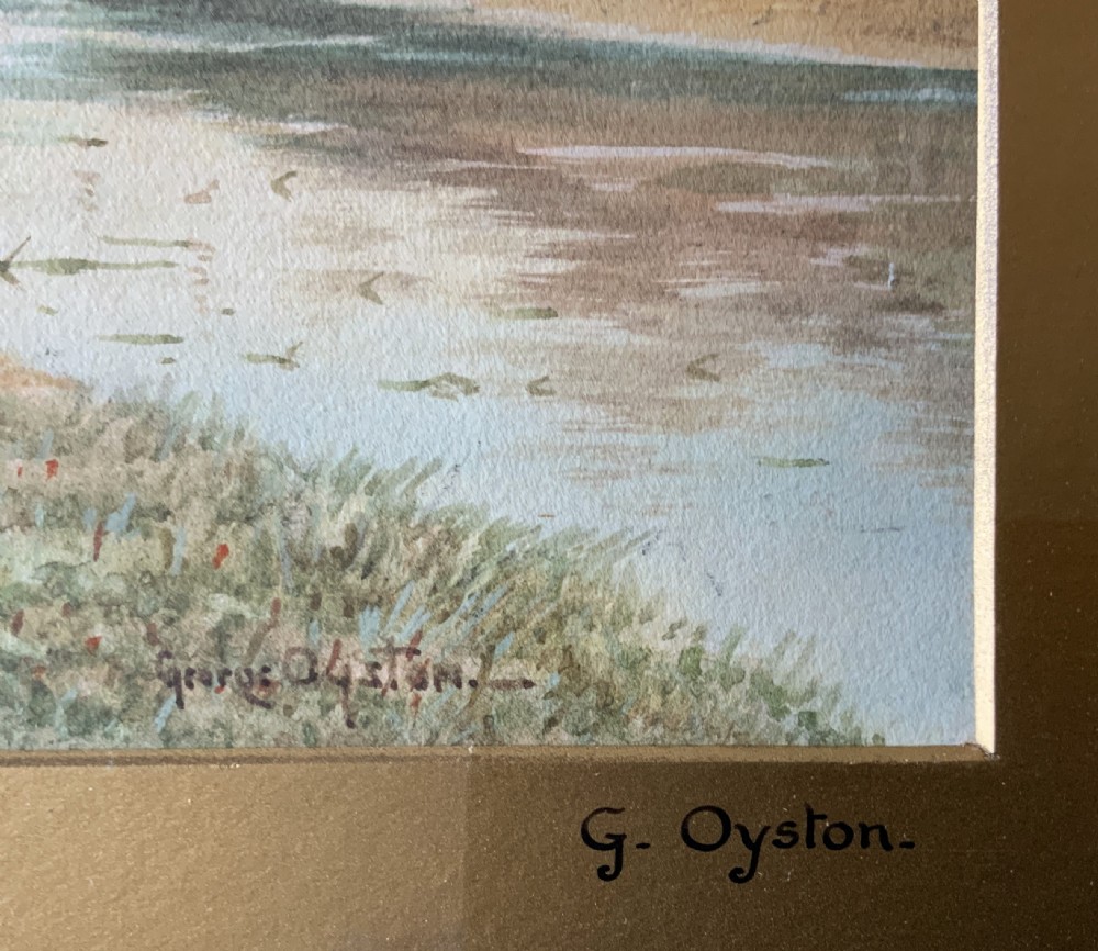 A framed watercolour painting depicting a tranquil river landscape in Buckinghamshire with trees and birds, set inside a gold mount and beaded gilt frame. View VIII