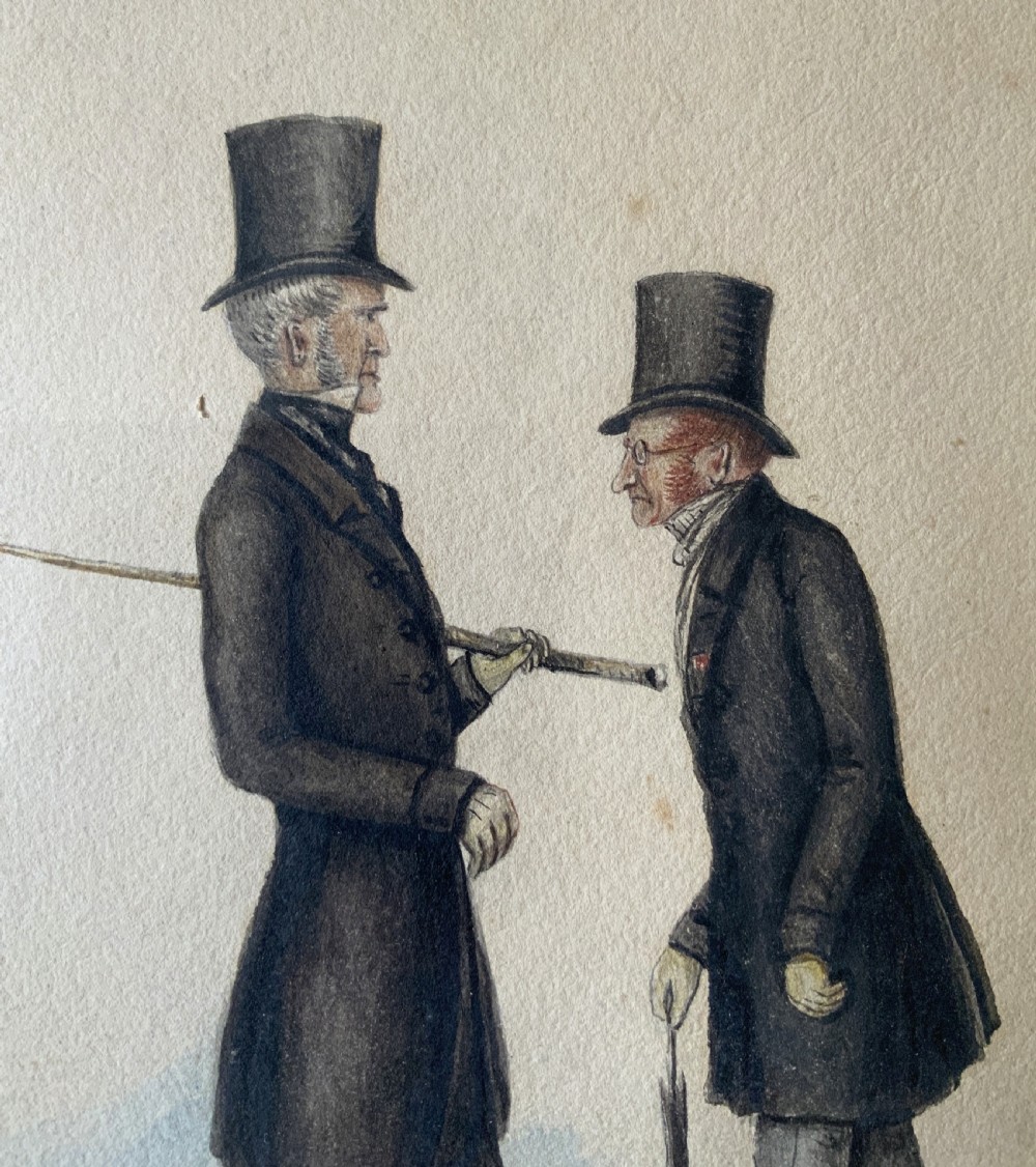 A framed 19th-century watercolour illustration depicting two men in top hats and tailcoats standing in profile. View IV