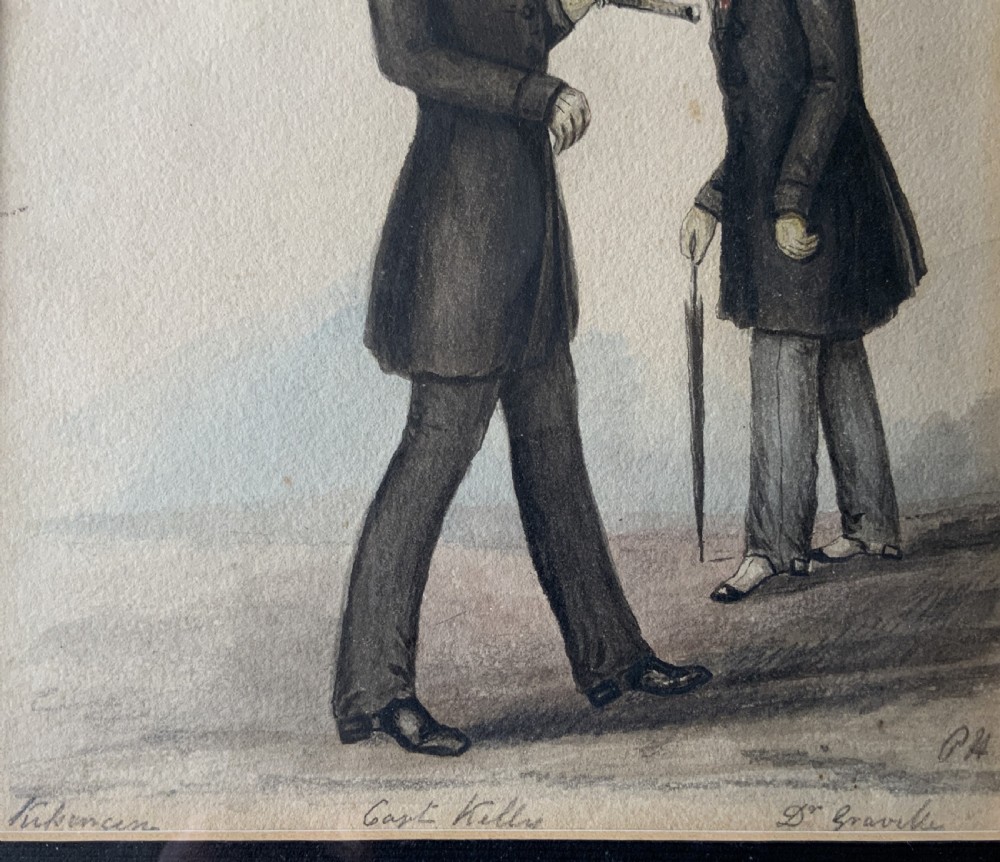 A framed 19th-century watercolour illustration depicting two men in top hats and tailcoats standing in profile. View VI