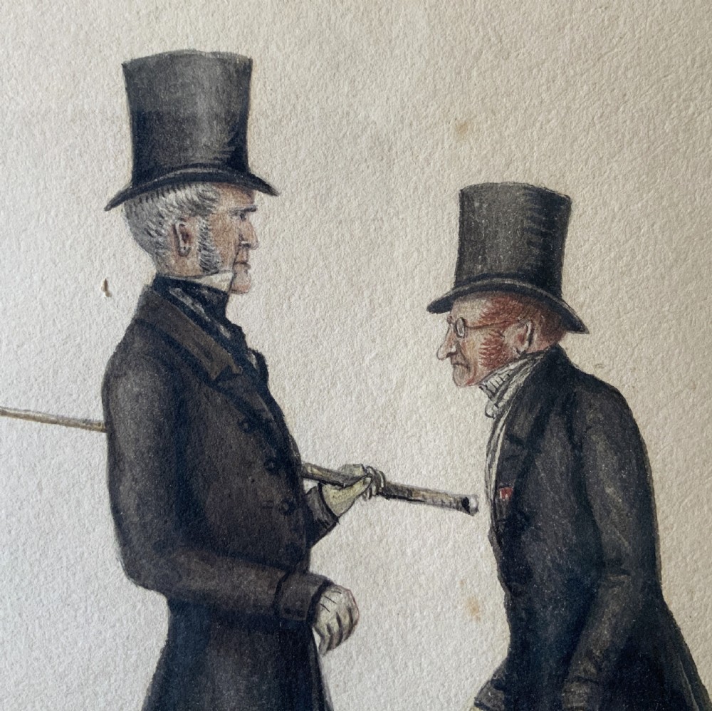 A framed 19th-century watercolour illustration depicting two men in top hats and tailcoats standing in profile. View VII