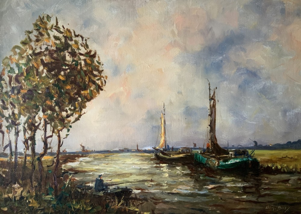 An impressionistic Dutch canalscape oil painting depicting traditional barges alongside a grassy riverbank, housed in an ornate carved gold frame. View II