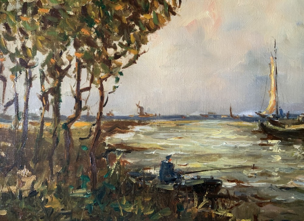 An impressionistic Dutch canalscape oil painting depicting traditional barges alongside a grassy riverbank, housed in an ornate carved gold frame. View VII