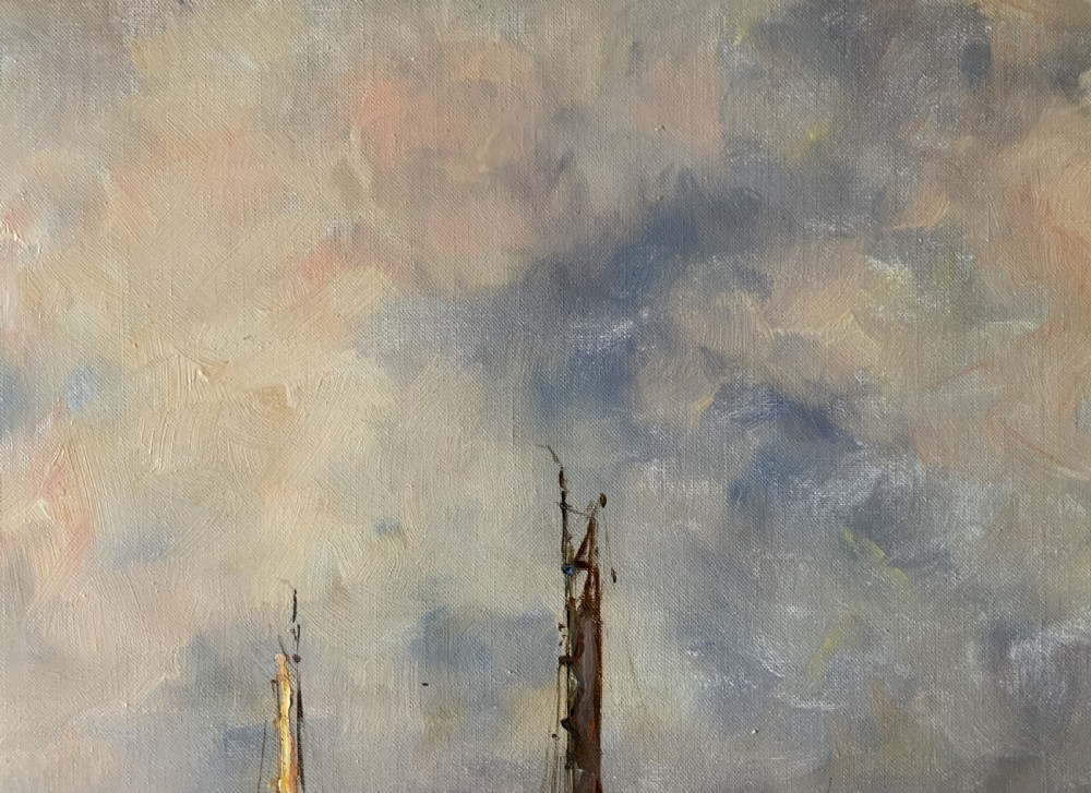 An impressionistic Dutch canalscape oil painting depicting traditional barges alongside a grassy riverbank, housed in an ornate carved gold frame. View XI