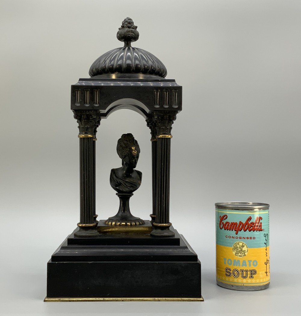 A 19th-century patinated bronze and black marble classical domed temple featuring fluted columns and a central classical bust. View III