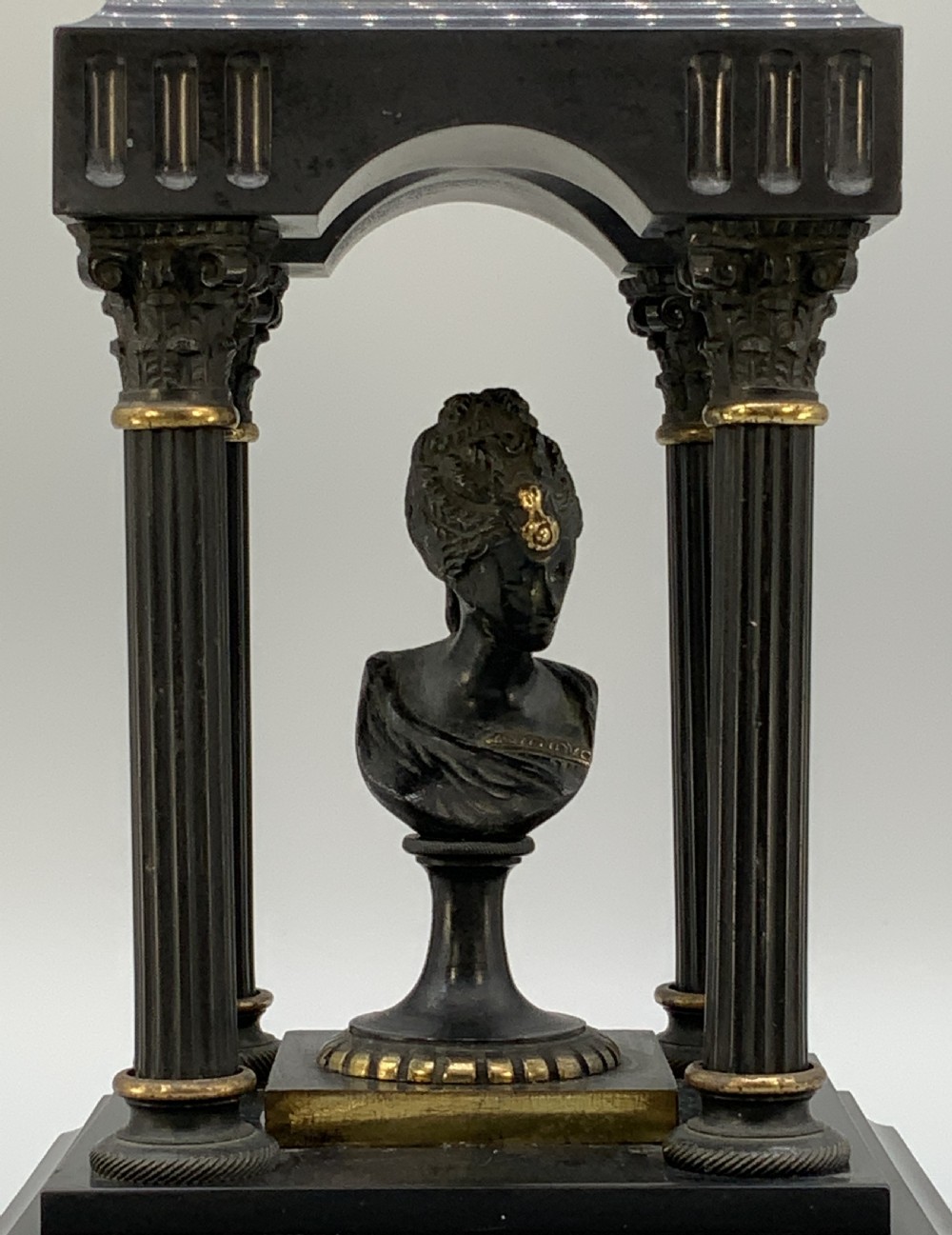 A 19th-century patinated bronze and black marble classical domed temple featuring fluted columns and a central classical bust. View IV
