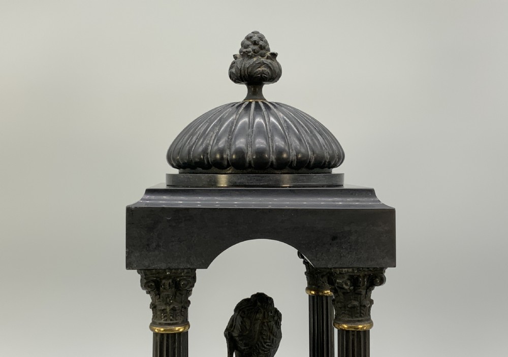 A 19th-century patinated bronze and black marble classical domed temple featuring fluted columns and a central classical bust. View IX