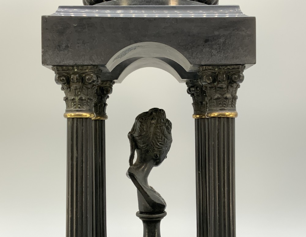 A 19th-century patinated bronze and black marble classical domed temple featuring fluted columns and a central classical bust. View X