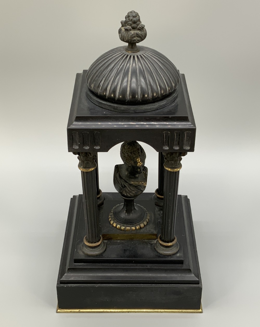 A 19th-century patinated bronze and black marble classical domed temple featuring fluted columns and a central classical bust. View XV
