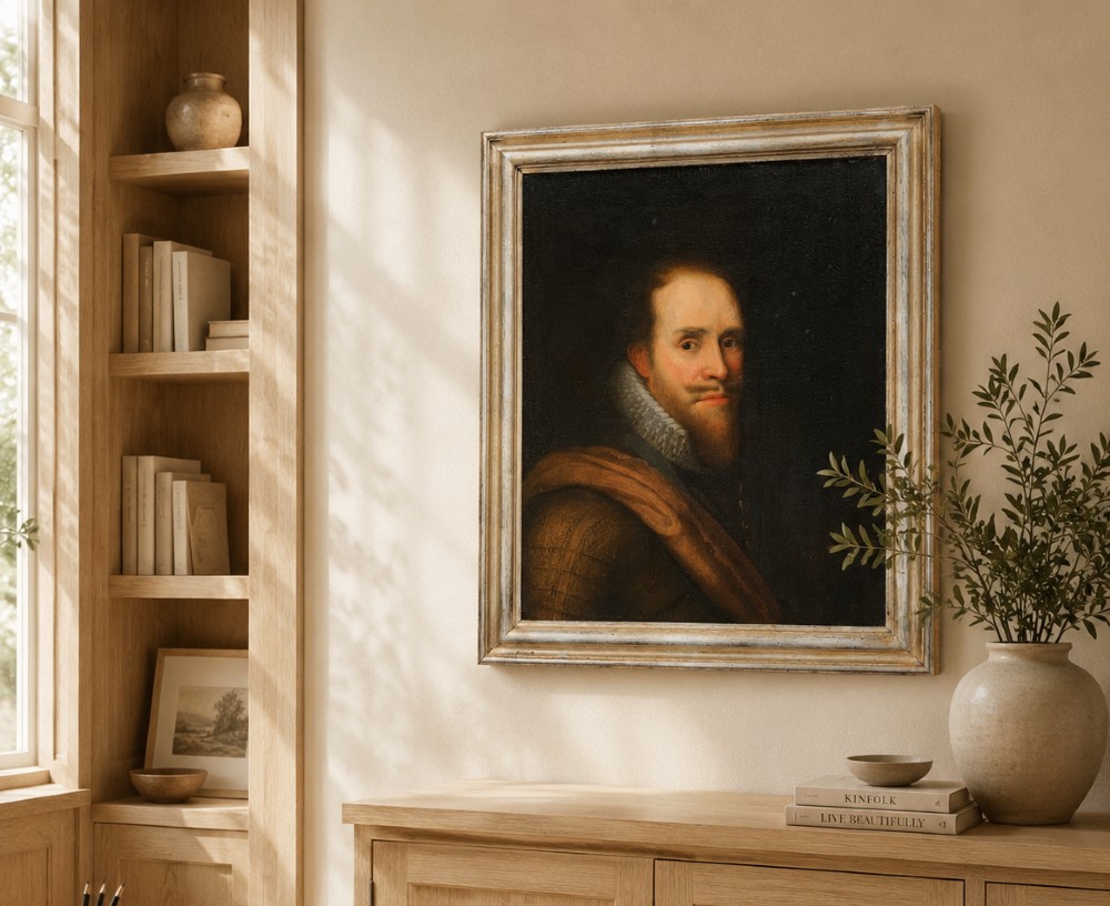 A 17th-century Dutch Old Master oil portrait of a man with a beard, lace ruff, and armour, presented in a light-coloured moulded wooden frame. View II