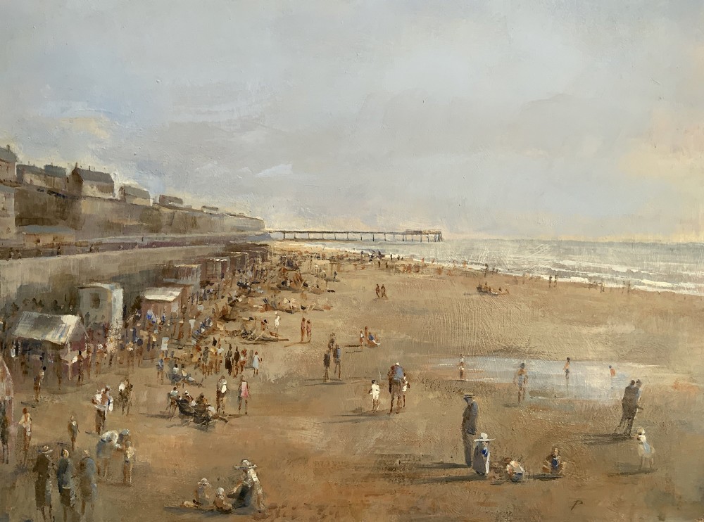 An impressionist oil painting on board depicting a crowded British seaside beach with a pier in the distance, housed in a gilt frame with a fabric liner. View IV