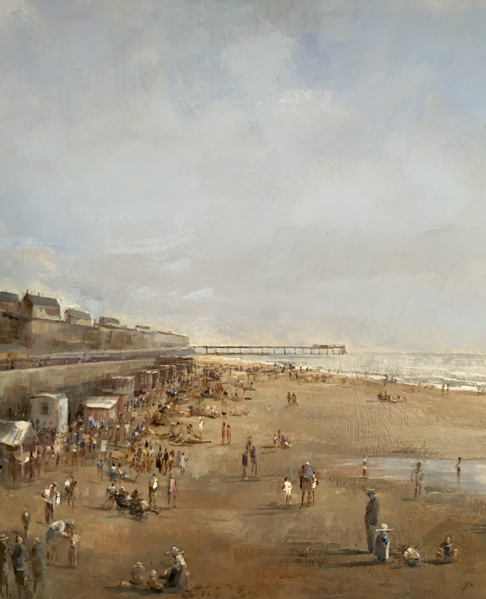 An impressionist oil painting on board depicting a crowded British seaside beach with a pier in the distance, housed in a gilt frame with a fabric liner. View VI